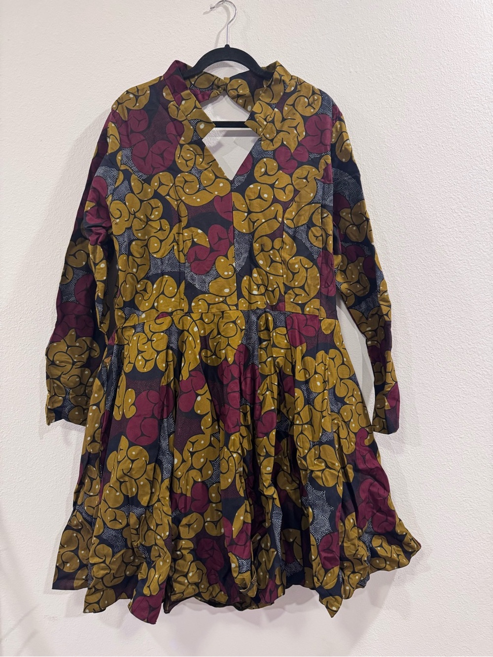 Printed Long-Sleeve Mini Dress in Mustard & Burgundy